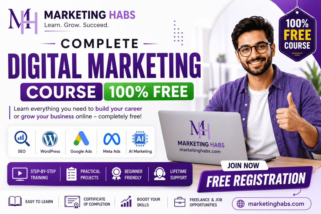 A man in a purple shirt smiles and gives a thumbs up next to a laptop displaying the Marketing Habs logo.