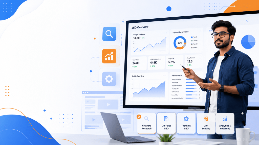 SEO course curriculum including keyword research, technical SEO, on-page SEO, WordPress SEO, and link building.